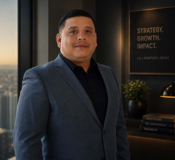 Marcelo Umanzor Blanco, expert in business consulting in downey, ca,  standing confidently in a modern high-rise office next to a framed 'Strategy, Growth, Impact' sign